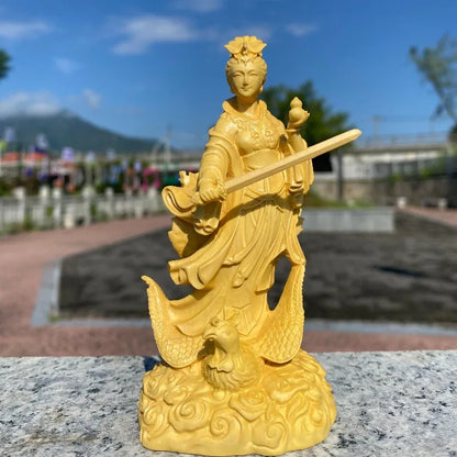 Hand-Carved Boxwood Nine Heavens Goddess Statue – Jiutian Xuannü Riding Phoenix, Chinese Taoist Deity Figurine for Home Altar