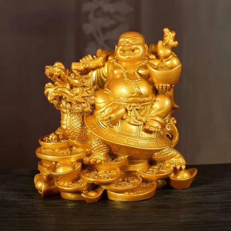 Resin God of Wealth Laughing Buddha Statue，Modern Art Sculpture，Chinese Home Feng Shui Dragon Turtle Decoration Figurines Statue