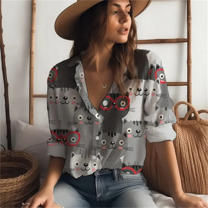 2025 new women's shirts many cats 3D digital printing four-sided stretch fabric fashion trend women's tops shirts