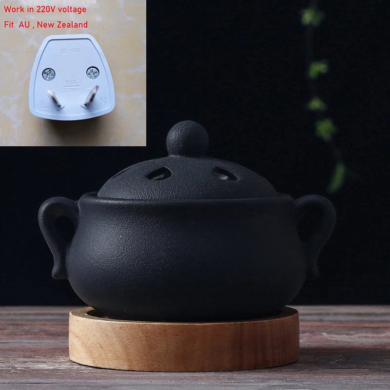 Plug in Timed 110V/220V Electric Incense Burner Ceramic Elegant Black 25ml Essential Oil Lamp Timed Household for Home Decor