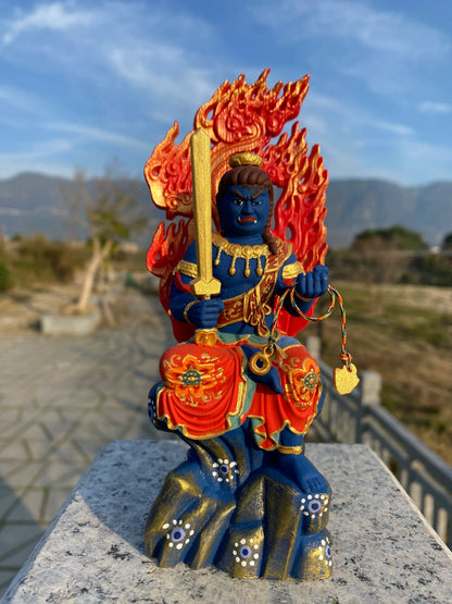 Hand Painted Gilded Fudo Myoo Acalanatha Statue Sculpture Buddhist Wrathful Deity Figurine Ornament for Home Temple Altar Decor