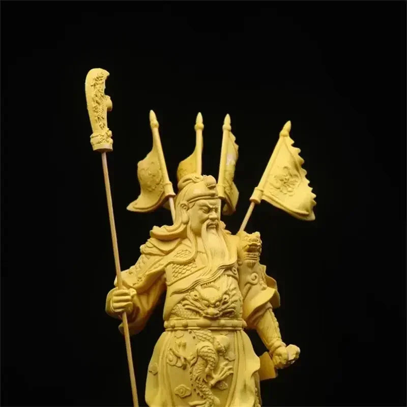 Boxwood God of Wealth Tv Characters Statue Five Banners Guan Yu Home Living Room Sculptures Decor