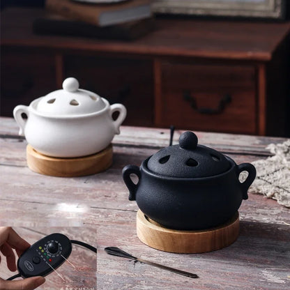 Plug in Timed 110V/220V Electric Incense Burner Ceramic Elegant Black 25ml Essential Oil Lamp Timed Household for Home Decor