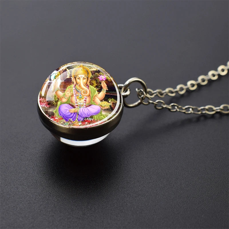 Hinduism Pendants Necklaces for Women Men Ganesha Shiva God Amulet Double Side Glass Ball Pendant India Buddhism Jewelry Gift