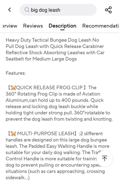 Leash Heavy duty tactical bungee leash shock absorbing reflective, no pull. sku-42281412755516 20 $ Fashioned Furbabies Stew's Incense