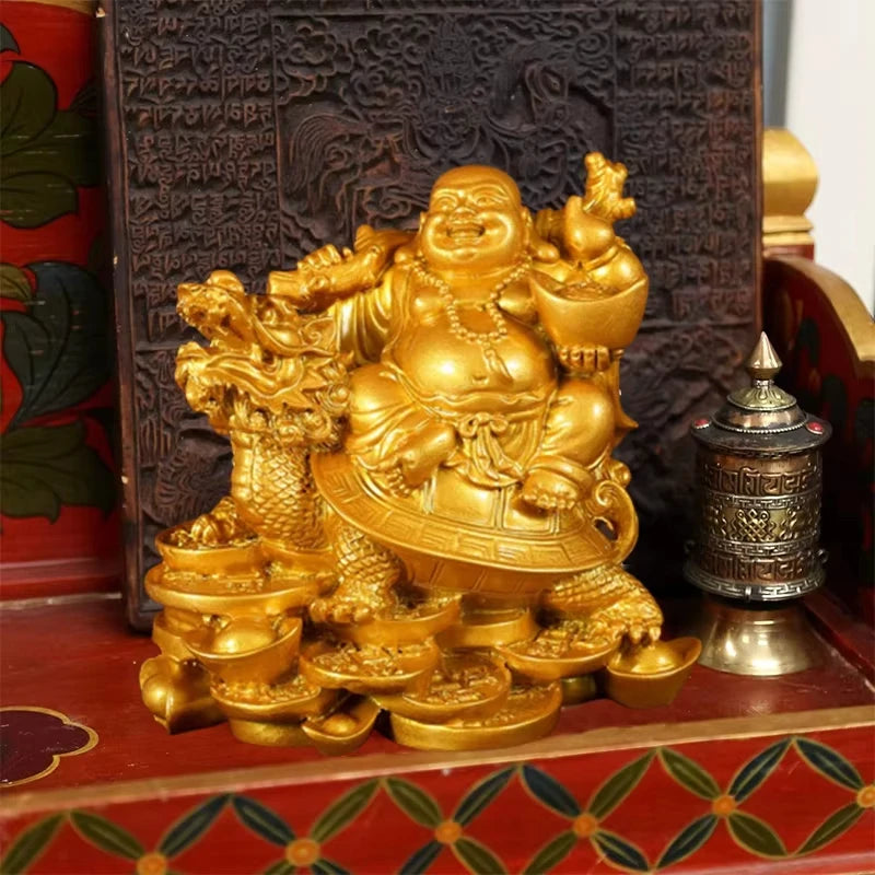 Resin God of Wealth Laughing Buddha Statue，Modern Art Sculpture，Chinese Home Feng Shui Dragon Turtle Decoration Figurines Statue