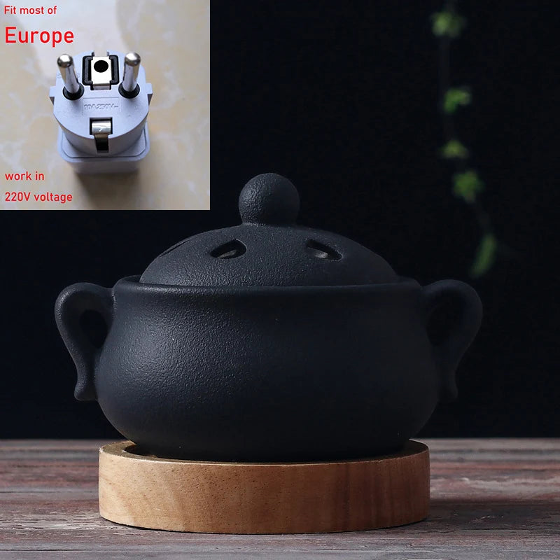 Plug in Timed 110V/220V Electric Incense Burner Ceramic Elegant Black 25ml Essential Oil Lamp Timed Household for Home Decor