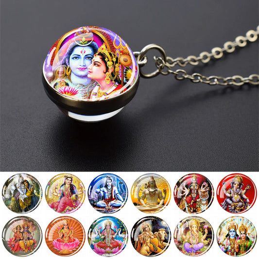 Hinduism Pendants Necklaces for Women Men Ganesha Shiva God Amulet Double Side Glass Ball Pendant India Buddhism Jewelry Gift