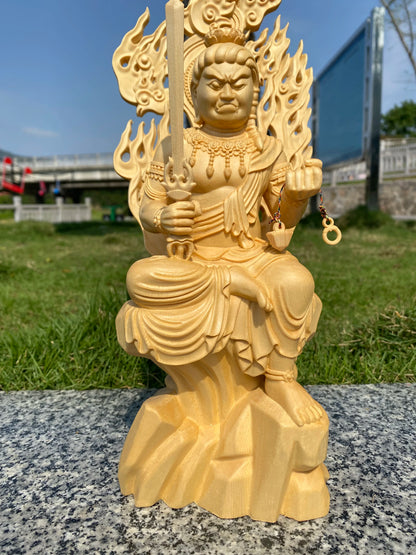 Hand Painted Gilded Fudo Myoo Acalanatha Statue Sculpture Buddhist Wrathful Deity Figurine Ornament for Home Temple Altar Decor