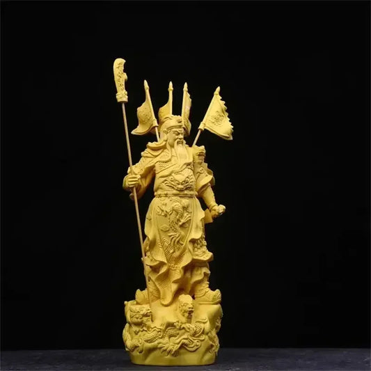 Boxwood God of Wealth Tv Characters Statue Five Banners Guan Yu Home Living Room Sculptures Decor