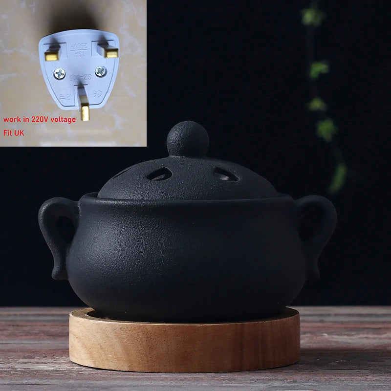 Plug in Timed 110V/220V Electric Incense Burner Ceramic Elegant Black 25ml Essential Oil Lamp Timed Household for Home Decor