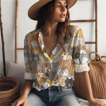 2025 new women's shirts many cats 3D digital printing four-sided stretch fabric fashion trend women's tops shirts
