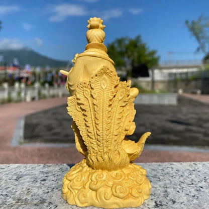 Hand-Carved Boxwood Nine Heavens Goddess Statue – Jiutian Xuannü Riding Phoenix, Chinese Taoist Deity Figurine for Home Altar
