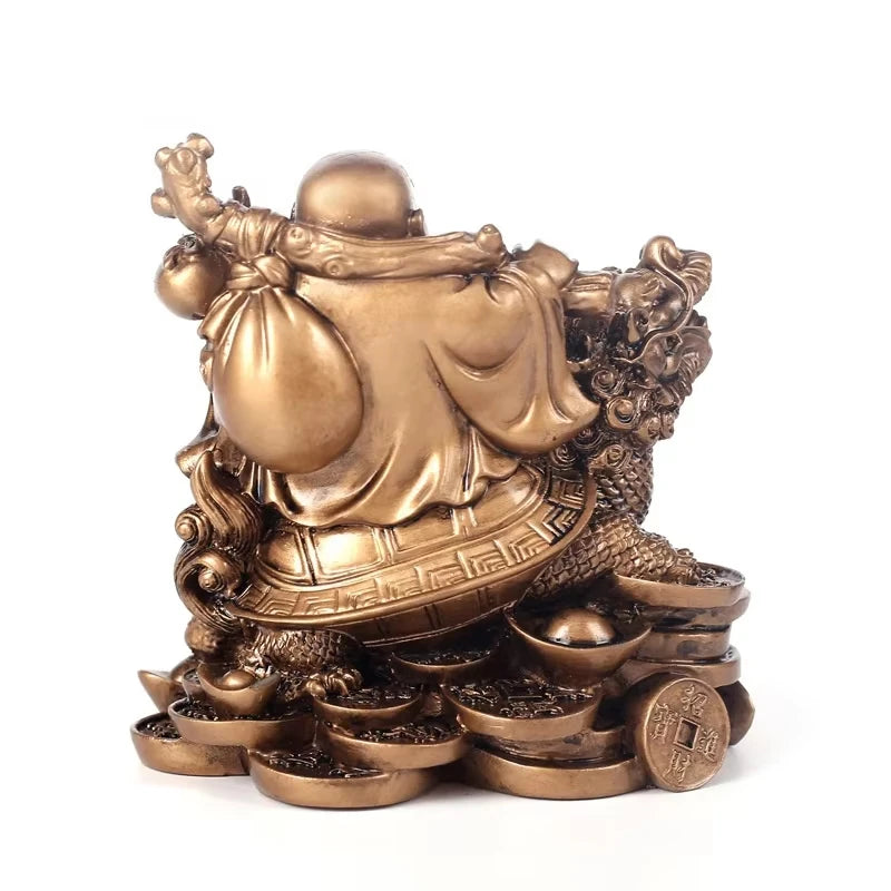 Resin God of Wealth Laughing Buddha Statue，Modern Art Sculpture，Chinese Home Feng Shui Dragon Turtle Decoration Figurines Statue