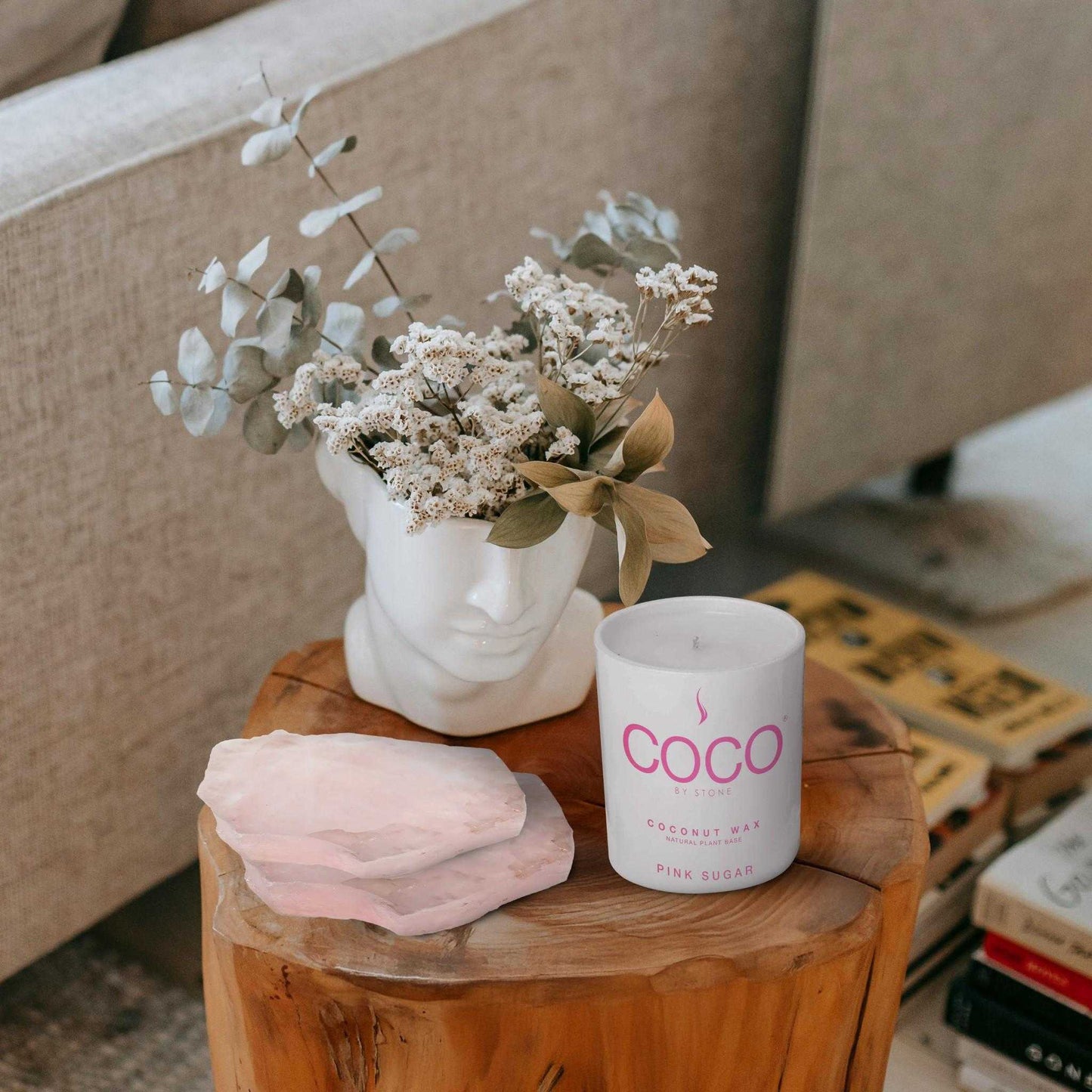 COCO Candle Pink Sugar Natural Coconut Apricot Wax Candle COCO6PS 24 $ Candles Stone Candles Stew's Incense