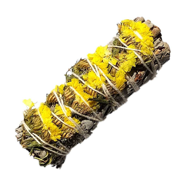 smudge sticks Yellow Sinuata Flowers with White Sage Smudge Stick 3-4" SAGE-07 4 $ Shop All The Witches Sage LLC Stew's Incense