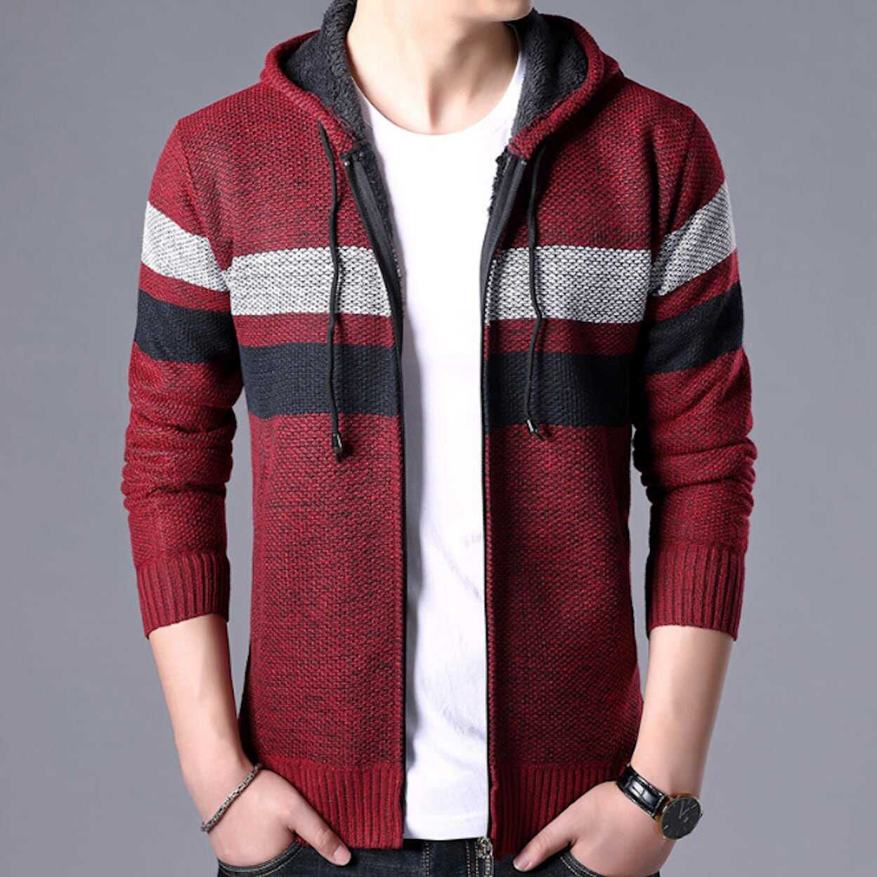 Men Sweaters and Cardigans Mens Striped Knit Cardigan with Hood OPMJ0807195E-LGRY-XS 64 $ Shop All Onetify Stew's Incense
