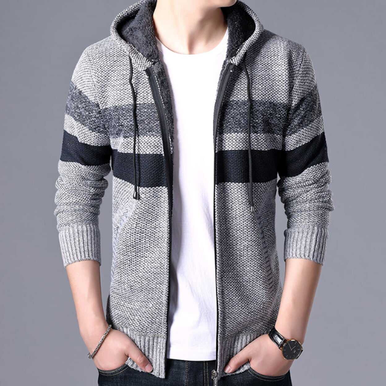 Men Sweaters and Cardigans Mens Striped Knit Cardigan with Hood OPMJ0807195E-LGRY-XS 64 $ Shop All Onetify Stew's Incense