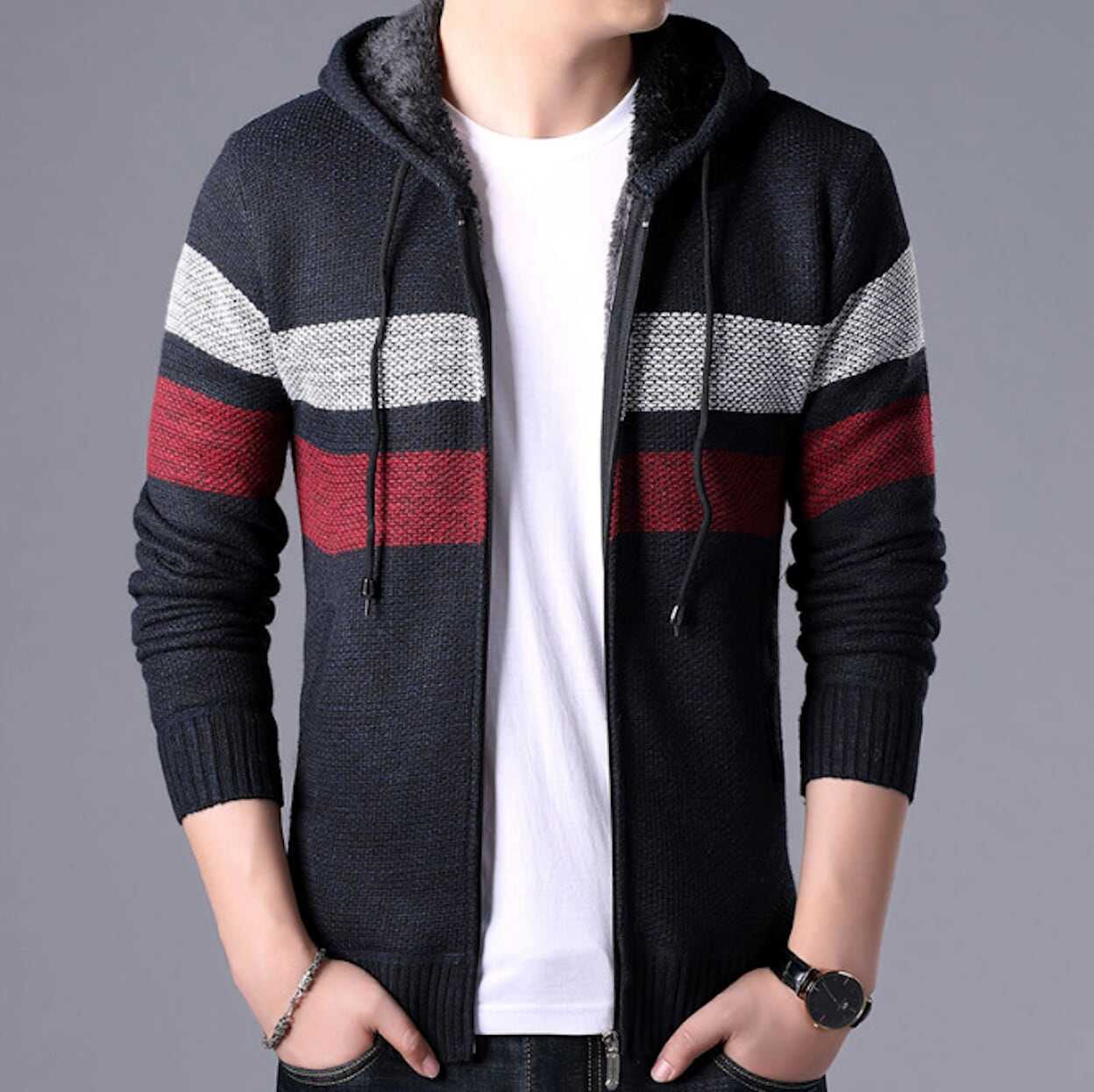 Men Sweaters and Cardigans Mens Striped Knit Cardigan with Hood OPMJ0807195E-LGRY-XS 64 $ Shop All Onetify Stew's Incense