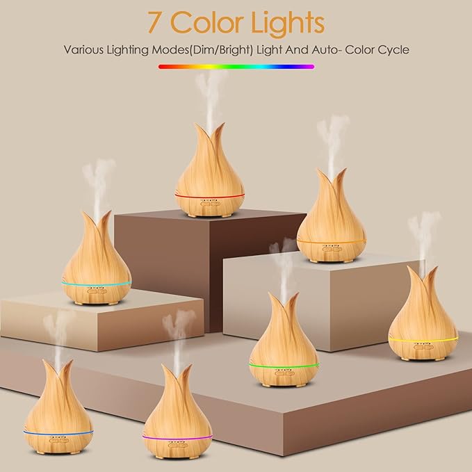 Grevol Essential Oil Diffuser with 6 Essential Oils Set, 150ml Small Cute Aroma Diffuser with 15 Color LED Light&3 Times, Ultra-Quiet Aromatherapy Diffusers for Home Bedroom(Wood)