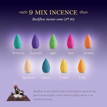 Load image into Gallery viewer, OTOFY Backflow Incense Cones 180 Pcs of 100% Natural Handwork Scents Waterfall Incense Rose Tulip Jasmine Lavender Rose for Backflow Incense Burner Holder Natural | Meditation &amp; Yoga Gift（Pure Black）