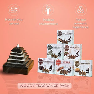 Trumiri Woody Backflow Incense Variety Pack - 60 Total Incense Cones in 6 Scents (White Sage, Palo Santo, Dragons Blood, Sandalwood) - Incense Waterfall Cones