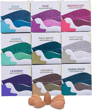 Load image into Gallery viewer, Backflow Incense Cones - Set of 9 Waterfall Incense Cones Scented - Palo Santo, Jasmine, Lavender, Ocean, Sandalwood, Cinnamon, White Sage, Dragons Blood, Rose for Meditation, Yoga and Aromatherapy
