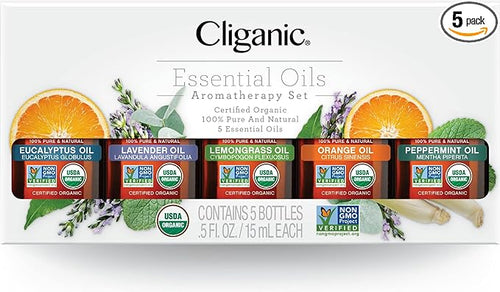 Cliganic Organic Essential Oils Set (Top 5 x 15ml) - 100% Pure Natural - Aromatherapy, Candle Making - Peppermint, Lavender, Eucalyptus, Lemongrass & Orange