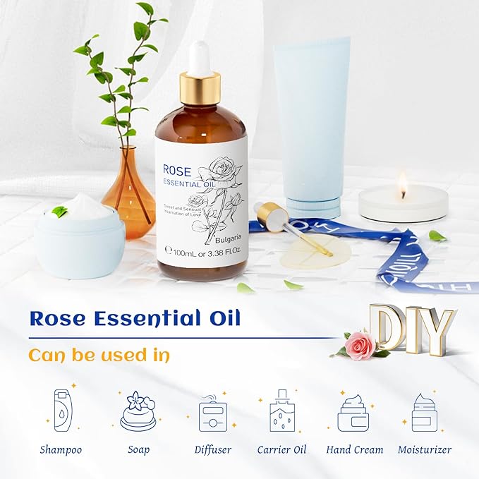 HIQILI Rose Oil Essential Oil, Premium Grade Rose Fragrance Oil for Diffuser, Candle Making, Soap Making, Large Bottle with Dropper & Gift Box - 3.38 Oz