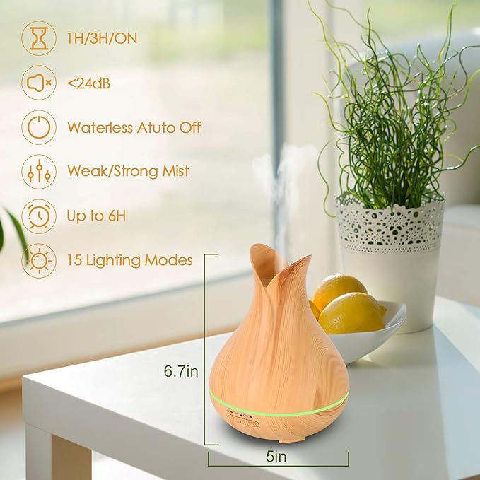 Grevol Essential Oil Diffuser with 6 Essential Oils Set, 150ml Small Cute Aroma Diffuser with 15 Color LED Light&3 Times, Ultra-Quiet Aromatherapy Diffusers for Home Bedroom(Wood)