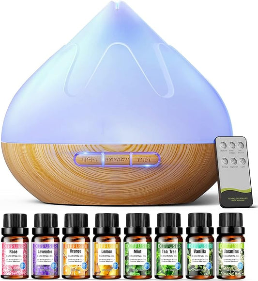 Aroma Diffuser with Essential Oils 500 ML with Remote Control, Humidifier with 14 Color Lights for Large Room, 4 Timer Setting, Auto Shut-Off