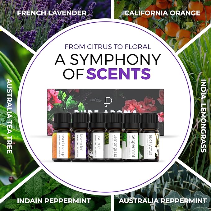 Essential Oils by PURE AROMA 100% Pure Oils kit- Top 6 Aromatherapy Oils Gift Set-6 Pack, 10ML(Eucalyptus, Lavender, Lemon Grass, Orange, Peppermint, Tea Tree)