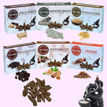 Load image into Gallery viewer, Trumiri Woody Backflow Incense Variety Pack - 60 Total Incense Cones in 6 Scents (White Sage, Palo Santo, Dragons Blood, Sandalwood) - Incense Waterfall Cones