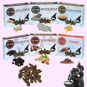 Trumiri Woody Backflow Incense Variety Pack - 60 Total Incense Cones in 6 Scents (White Sage, Palo Santo, Dragons Blood, Sandalwood) - Incense Waterfall Cones