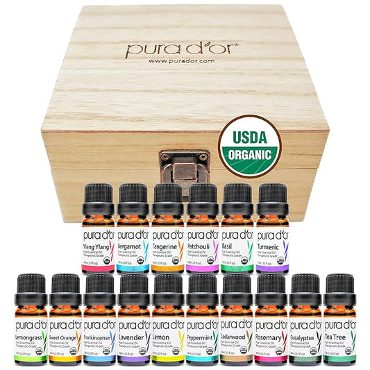PURA D'OR Organic Sweet16 Essential Oils Set - 16x 10m Wood Box Aromatherapy Gift Set - 100% Pure Therapeutic Grade for Relaxation and Wellness (Lavender, Tea Tree, Turmeric, Ylang Ylang and More)