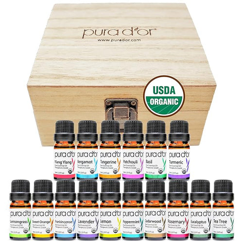 PURA D'OR Organic Sweet16 Essential Oils Set - 16x 10m Wood Box Aromatherapy Gift Set - 100% Pure Therapeutic Grade for Relaxation and Wellness (Lavender, Tea Tree, Turmeric, Ylang Ylang and More)