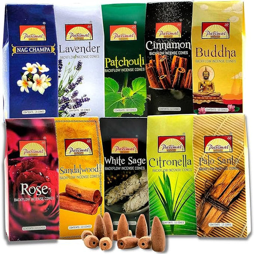 Backflow Incense Cones for Waterfall - [Improved] (10 Variants,100 Cones) Dragons Blood Incense, Lavender Incense Cone, Nag Champa Palo Santo Cones | Creates Meditative Waterfall Fountain